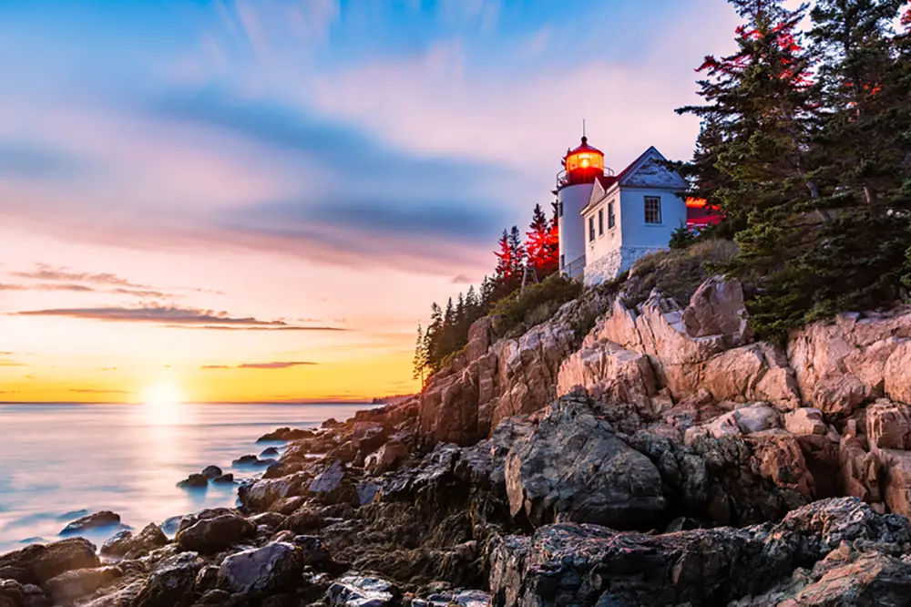 Bass Harbor Head lighthouse at sunset. Best Photography spot in Maine