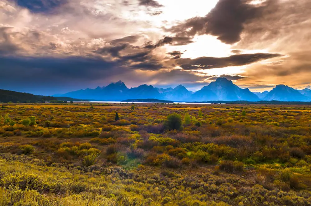 Dramatic Sky over Grand Tetons as seen from Willow Flats Overlook