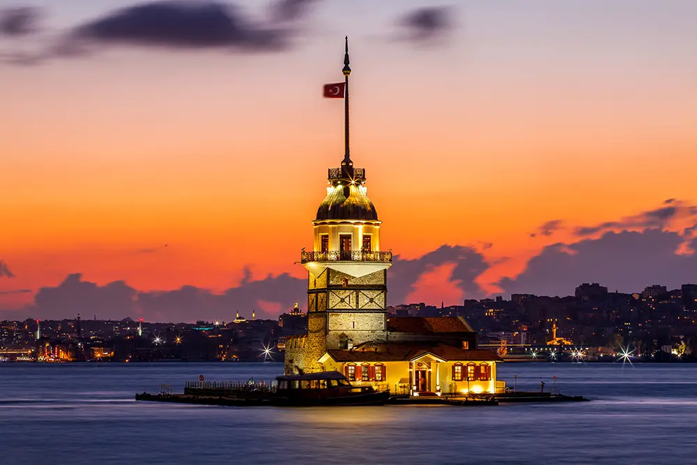 Evening view of Maiden s Tower in Istanbul on the Bosphorus strait. The best photography spots in Istanbul