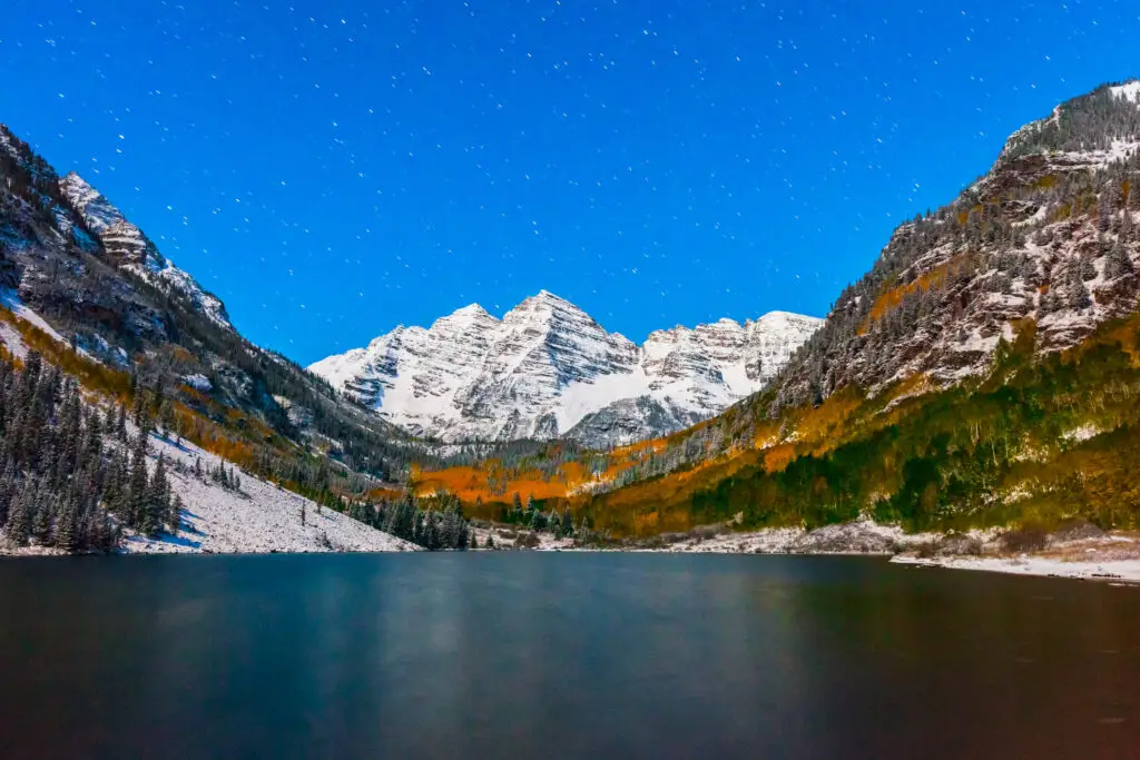 Maroon lake at night after snow in Aspen Colorado