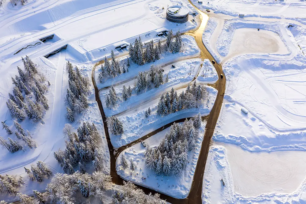 Aerial view of Ski Jump in Planica in winter with snow. The best Photography spots in Slovenia