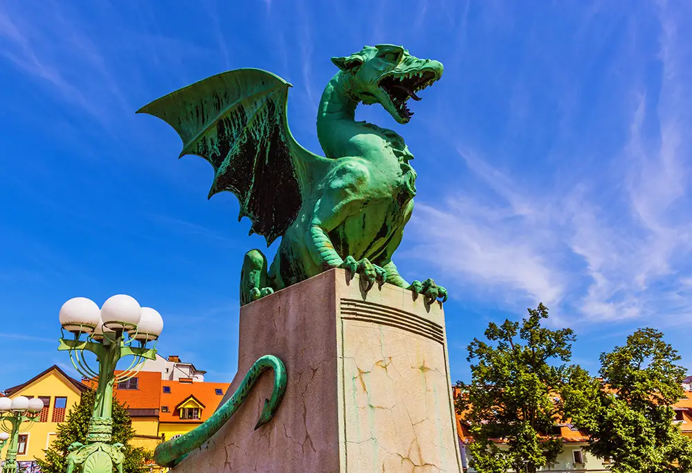 Famous Dragon bridge Zmajski. symbol of Ljubljana.The best Photography spots in Slovenia