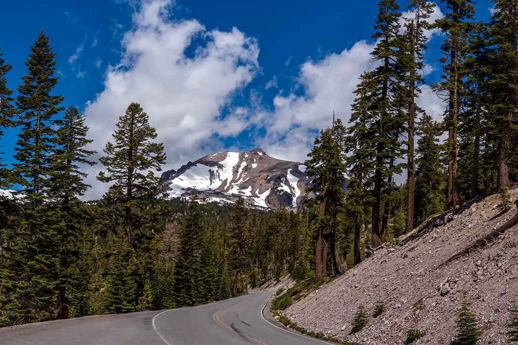 Lassen Volcanic National Park Highway with Bumpass Mountain in the background. Best Photographic Spots In Lassen Volcanic National Park