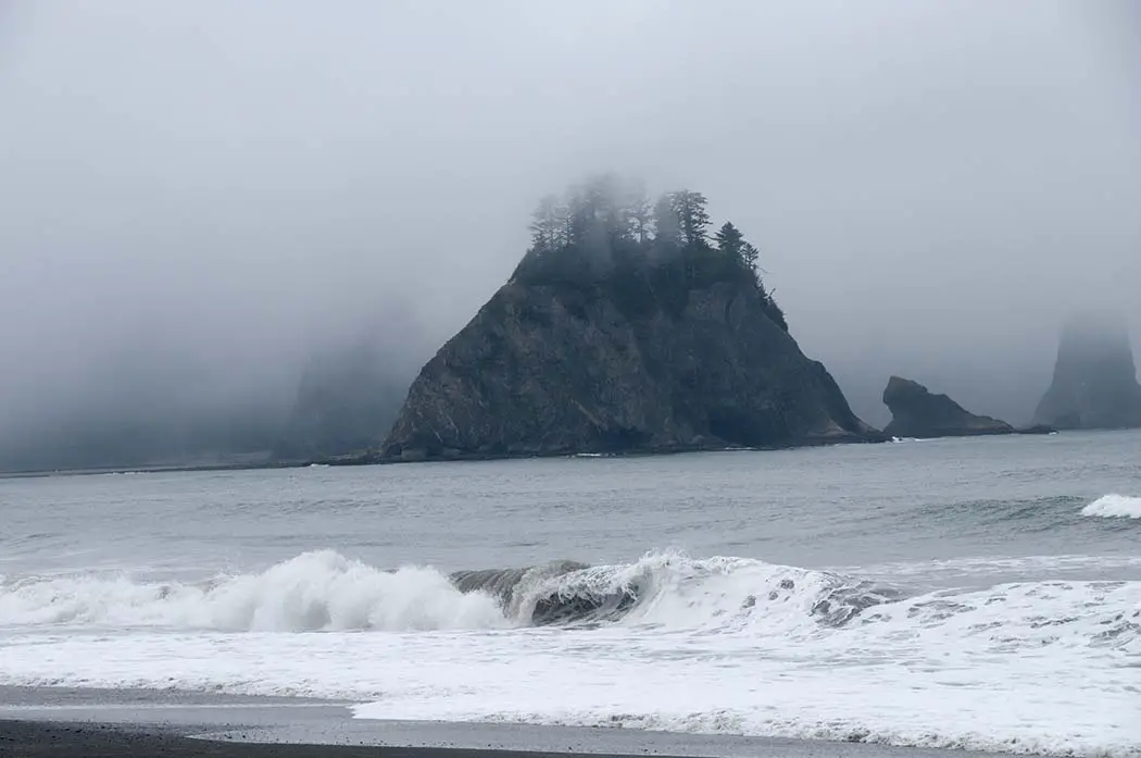 Misty Mountain with Forest on the seashore at Rialto Beach.The best photography spots in Olympic National Park