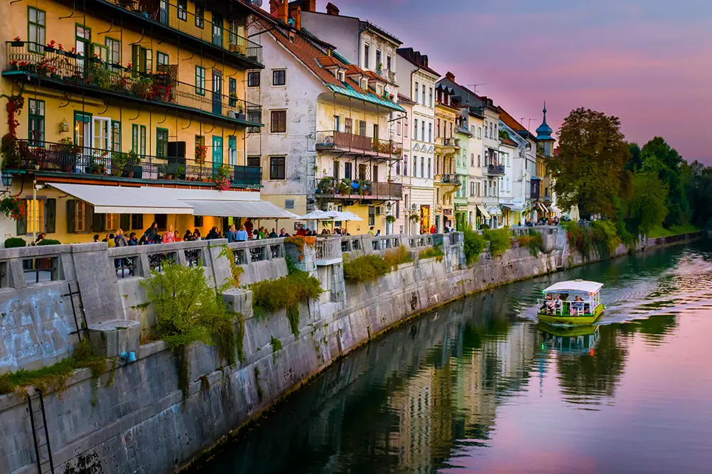 Panorama of old town Ljubljana Slovenia with numerous bars and restaurants. The best Photography spots in Slovenia
