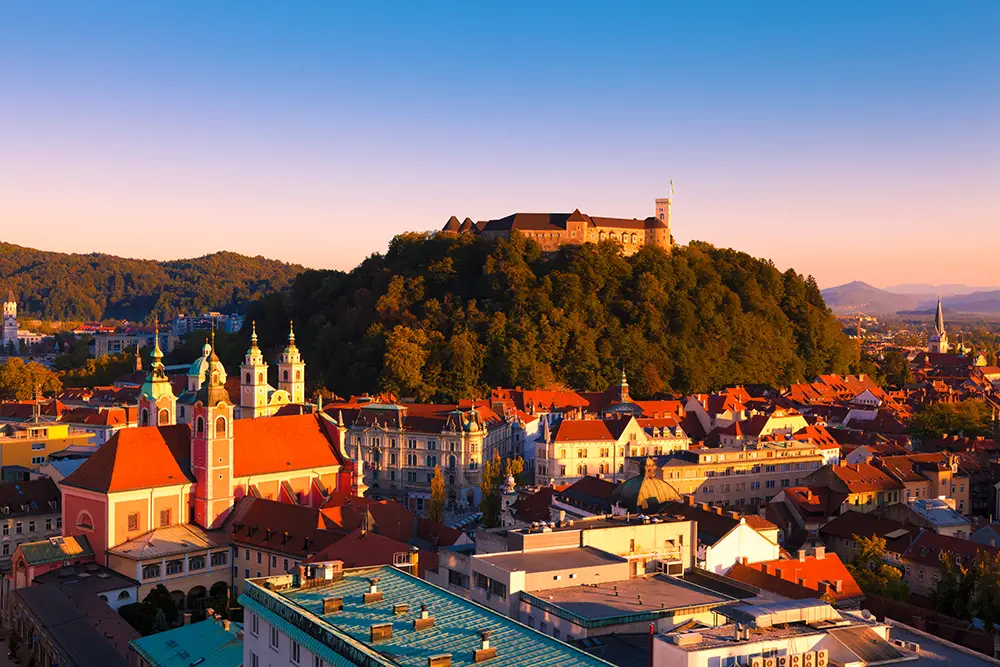 Panorama of the Slovenian capital Ljubljana at sunset. The best Photography spots in Slovenia