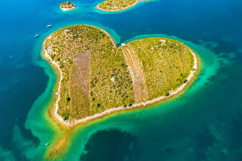 Panoramic view of the amazing heart shaped island of Galesnjak. The best Photography spots in Croatia