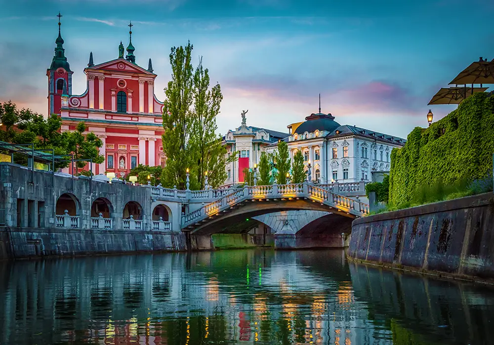 Tromostovje bridge in the city center. Ljubljana capital of Slovenia. The best Photography spots in Slovenia