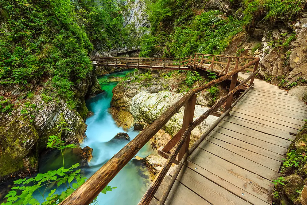 Wooden bridge and green river Vintgar gorge Slovenia. The best Photography spots in Slovenia