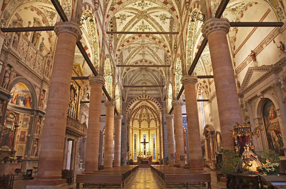 Nave of gothic romanesque church Santa Anastasia. Best Photography Spots in Verona