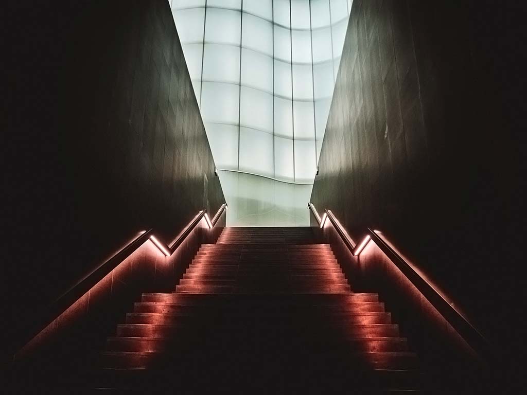 Neon stairs at the Museo delle Culture di Milano. Photography Spots in Milan Italy