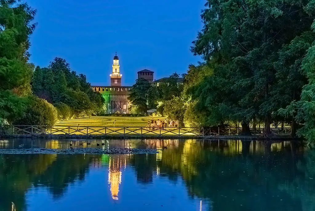 Night view of Castello Sforzesco from Parco Sempione. Photography Spots in Milan Italy