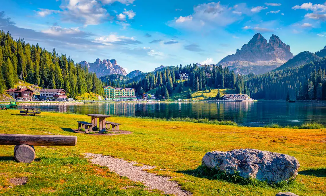 Exciting summer view of Misurina lake. Best Natural Wonders in Italy