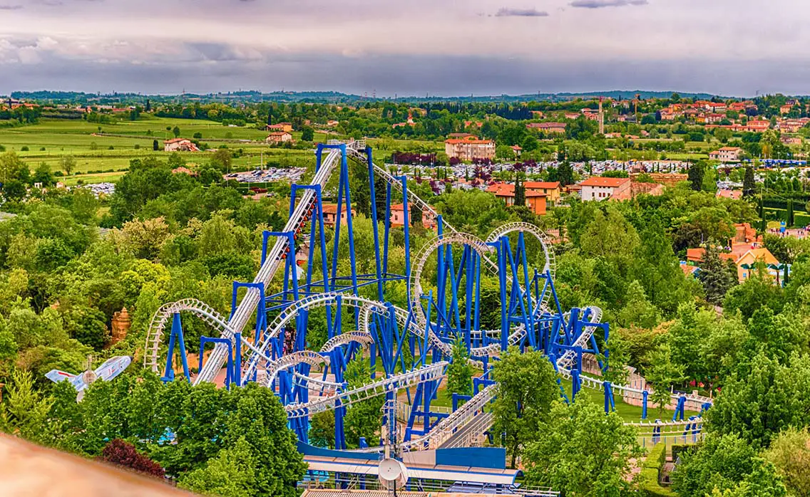 Rollercoaster inside Gardaland Amusement Park. Best Photography spots in Lake Garda
