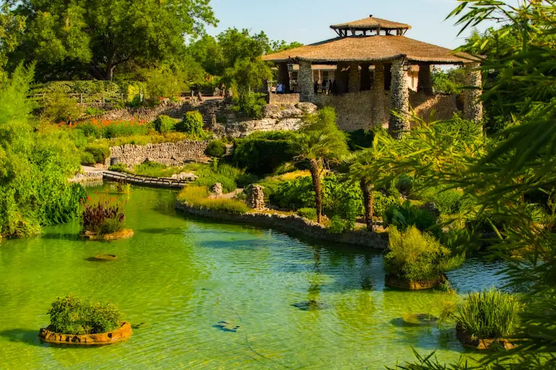 Sunny view of the stone building in Japanese Tea Garden. Best Photography Spots in San Antonio Texas.
