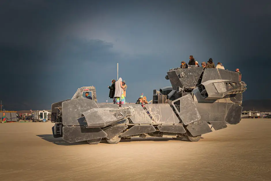A colorful image showing mutant vehicles at Burning Man festival
