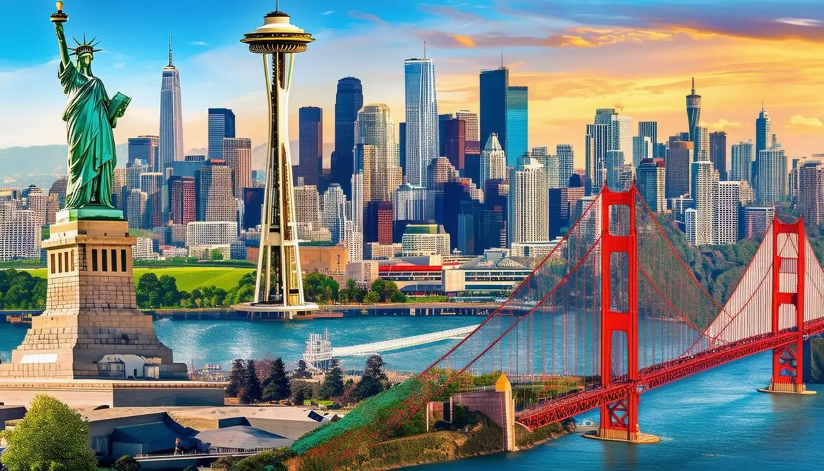 A collage of iconic landmarks and cityscapes from major American cities along the coast-to-coast route, including the Statue of Liberty in New York, the Willis Tower in Chicago, the Space Needle in Seattle, and the Golden Gate Bridge in San Francisco, showcasing the diverse and exciting urban experiences that await travelers on this epic journey.